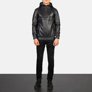 Men's Kenton Hooded Blue Suede Pullover Jacket - Vista de perfil lateral con corte ergonómico de manga