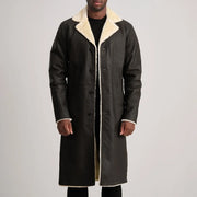 Kolby Tumbled Brown Shearling Long Coat in Brown Sheepskin Snuffed - Vista frontal y silueta a medida | Comprar online