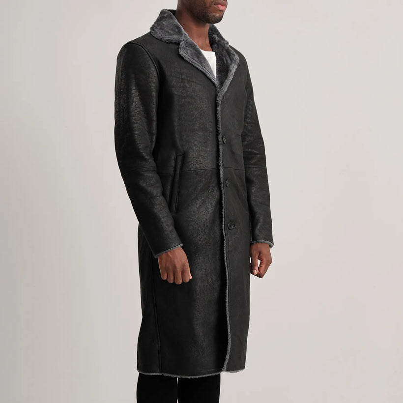 Kolby Negro Envejecido Leather Shearling Abrigo de Cuero para Hombre