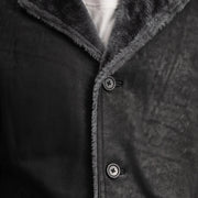 
Vista de detalle of Notch & Button Hardware on Kolby Distressed Black Shearling Long Coat