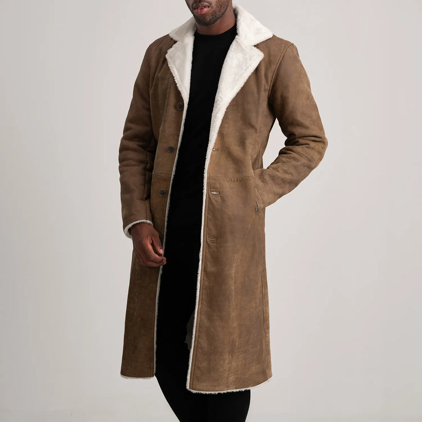Kolby Marrón Envejecido Leather Shearling Abrigo de Cuero para Hombre