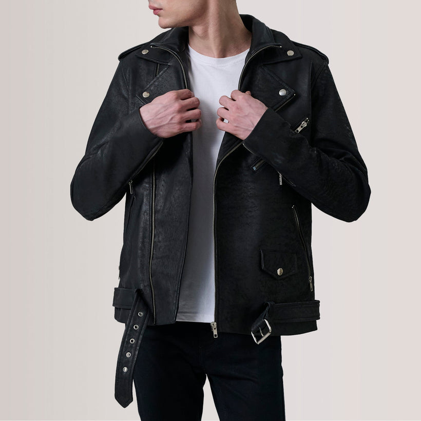 Kole Efecto Envejecido Negro Leather Double Rider Chaqueta de Cuero para Hombre