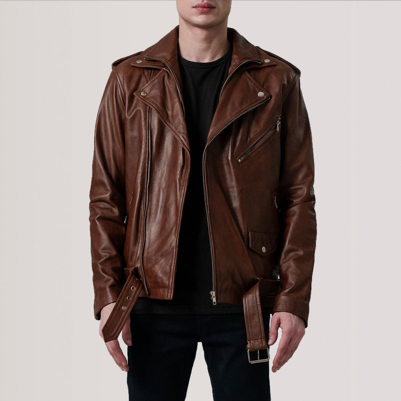 Kole Waxed Marrón Leather Double Rider Chaqueta de Cuero para Hombre