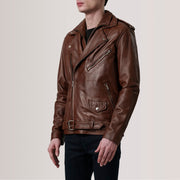 Kole Waxed Marrón Leather Double Rider Chaqueta de Cueropara Hombre - Vista de perfil mostrando el corte ergonómico de manga