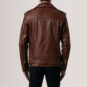 Detalle de cerca of Notch &amp; Zipper &amp; Waist Straps Hardware on Kole Waxed Marrón Leather Double Rider Chaqueta de Cueropara Hombre
