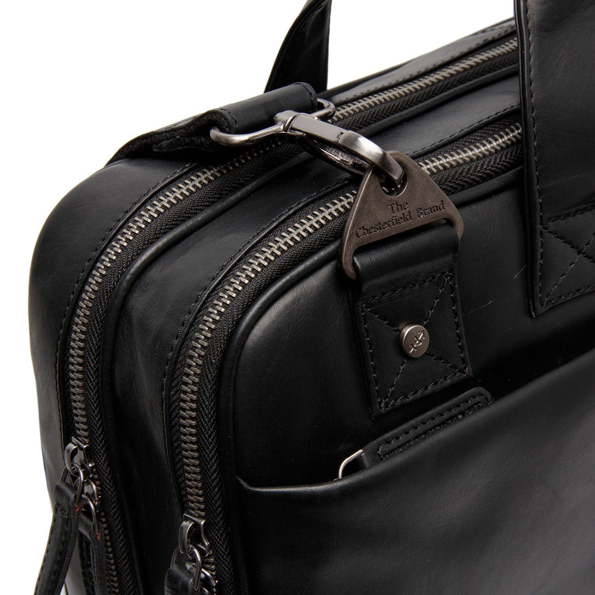 Solid Antique Brass Hardware &amp; Heavy-Duty Dual Zipper Detail on Iseo Full-Grain Leather Laptop Bag para Hombre