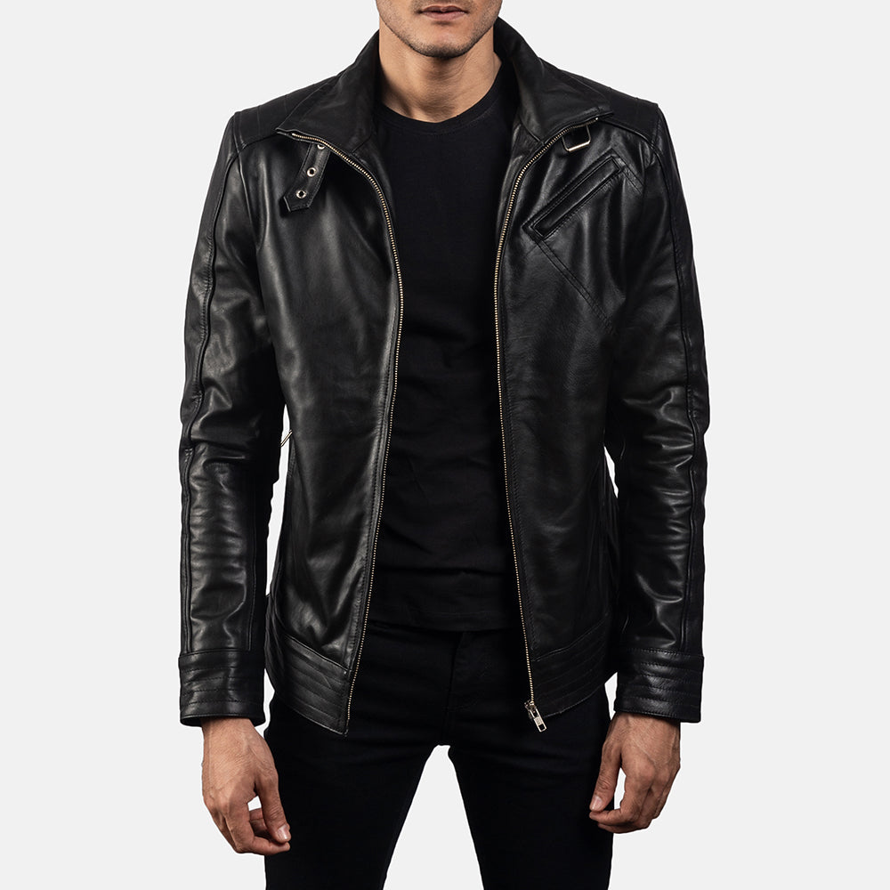 Men's Legacy Negro Chaqueta Biker de Cuero para Hombre in Black Cowhide Leather - Vista frontal y silueta a medida | Comprar online