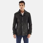 
Leo Negro Abrigo de Cuero para Hombre in Black Cowhide Leather - Vista frontal y silueta entallada | Comprar online