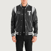 Liberte Texas Negro Leather Varsity Chaqueta de Cuero para Hombre in Black &amp; White Sheepskin Leather - Vista frontal y silueta a medida | Comprar online