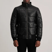 Detalle de cerca of High neck &amp; Zipper Hardware on Lucas Blue Leather Puffer Bomber Jacket