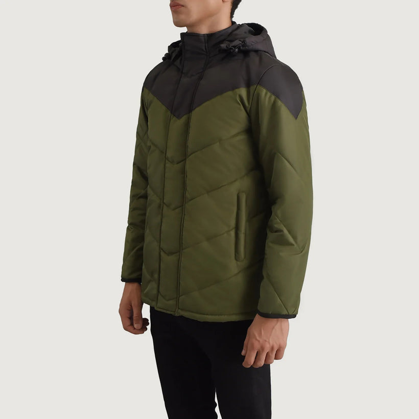 Luka Negro & Verde Hooded Puffer Chaqueta de Cuero para Hombre