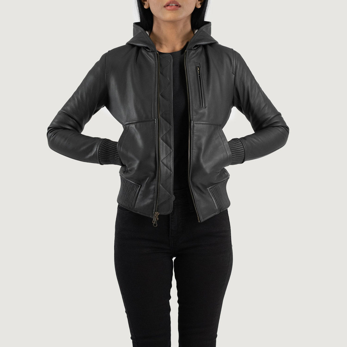 Luna Hooded Cazadora Bomber de Cuero para Mujer – Vista alternativa del producto 1