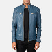 Mack Azul Chaqueta Biker de Cuero para Hombre in Blue Sheepskin Leather - Vista frontal y silueta a medida | Comprar online