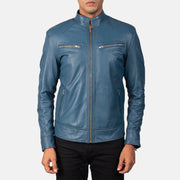 Detalle de cerca of Band &amp; Zipper Hardware on Mack Azul Chaqueta Biker de Cuero para Hombre