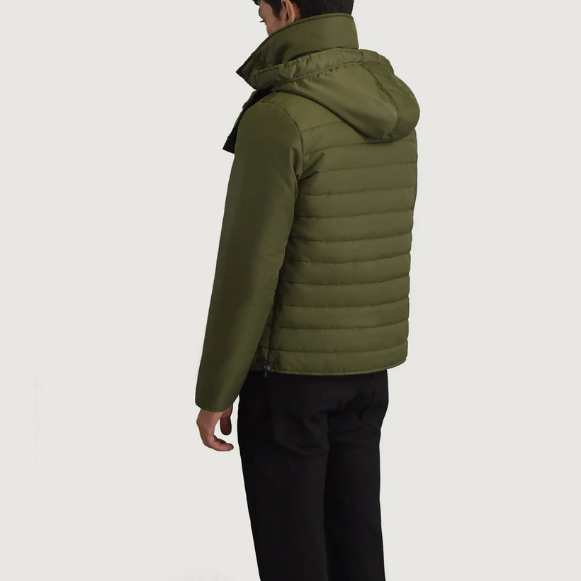 Malcolm Verde Hooded Puffer Chaqueta de Cuero para Hombre