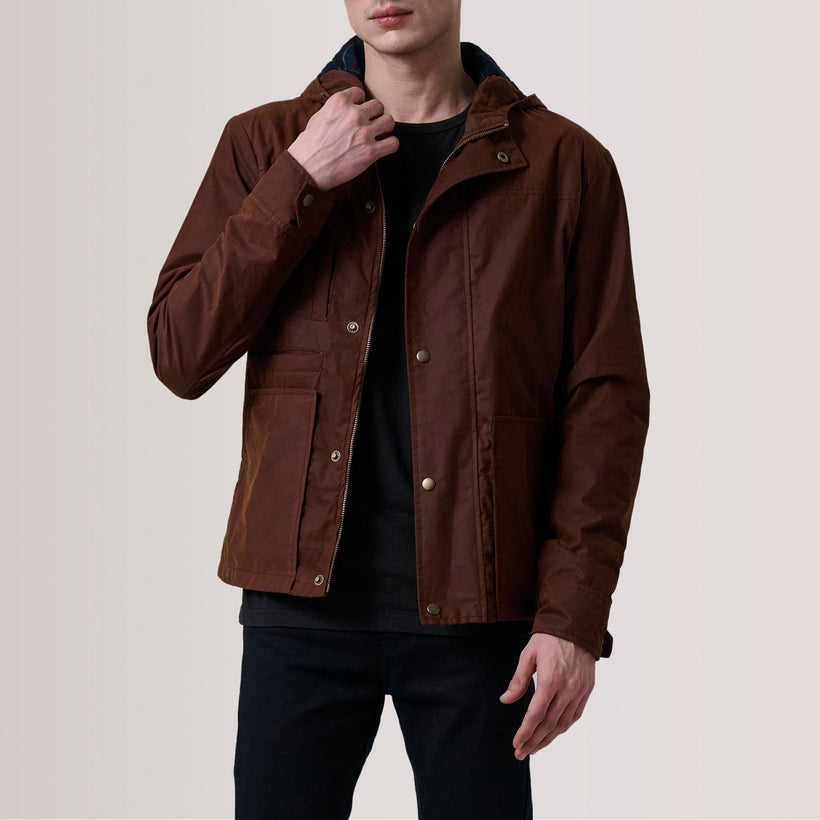 Marlo Marrón Canvas Hooded Work Chaqueta de Cuero para Hombre