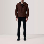
Brown Waxed Cotton Canvas Hooded Jacket - Vista posterior con hombros definidos y bajo impecable