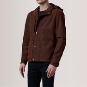 
Marlo Marrón Canvas Hooded Work Chaqueta de Cuero para Hombre For Men - Vista lateral mostrando el corte ergonómico de mangas