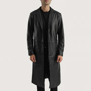 Mateo Black Leather Single Breasted Coat in Black Cowhide Leather - Vista frontal y silueta a medida | Comprar online