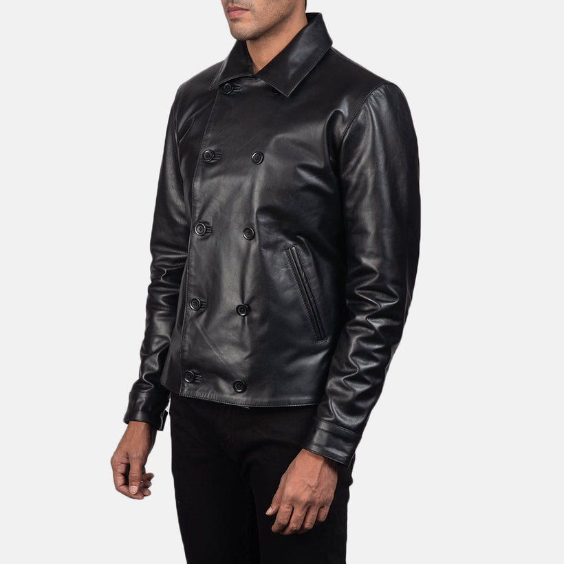 Mod Negro Leather Peacoat para Hombre