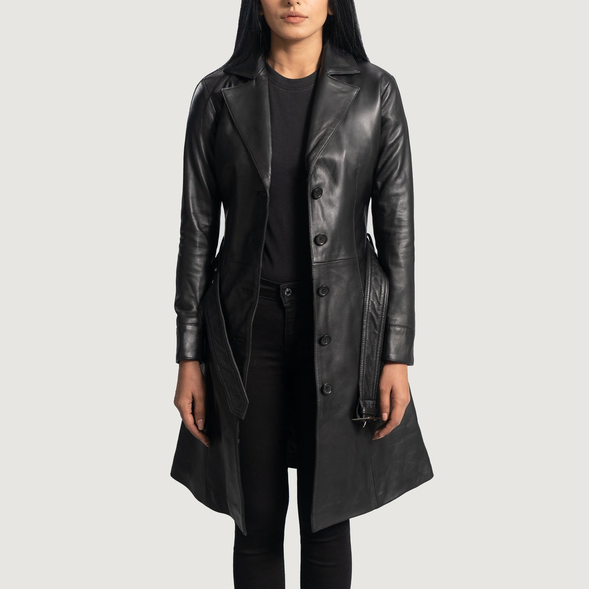 
Moonlight Negro Gabardina Trench de Cuero para Mujer in Black Sheepskin Leather - Vista frontal y silueta entallada | Comprar online