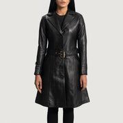 
Vista de detalle of Notch & Button Hardware on Moonlight Negro Gabardina Trench de Cuero para Mujer