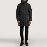 
Moore Negro Hooded Parka para Hombre - Vista lateral mostrando el corte ergonómico de mangas