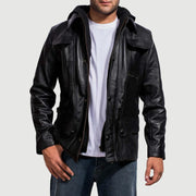 Men's Moulder Hooded Negro Chaqueta de Cuero para Hombre in Black Cowhide Leather - Vista frontal y silueta a medida | Comprar online