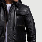 Men's Moulder Hooded Negro Chaqueta de Cuero para Hombre - Vista de perfil lateral con corte ergonómico de manga