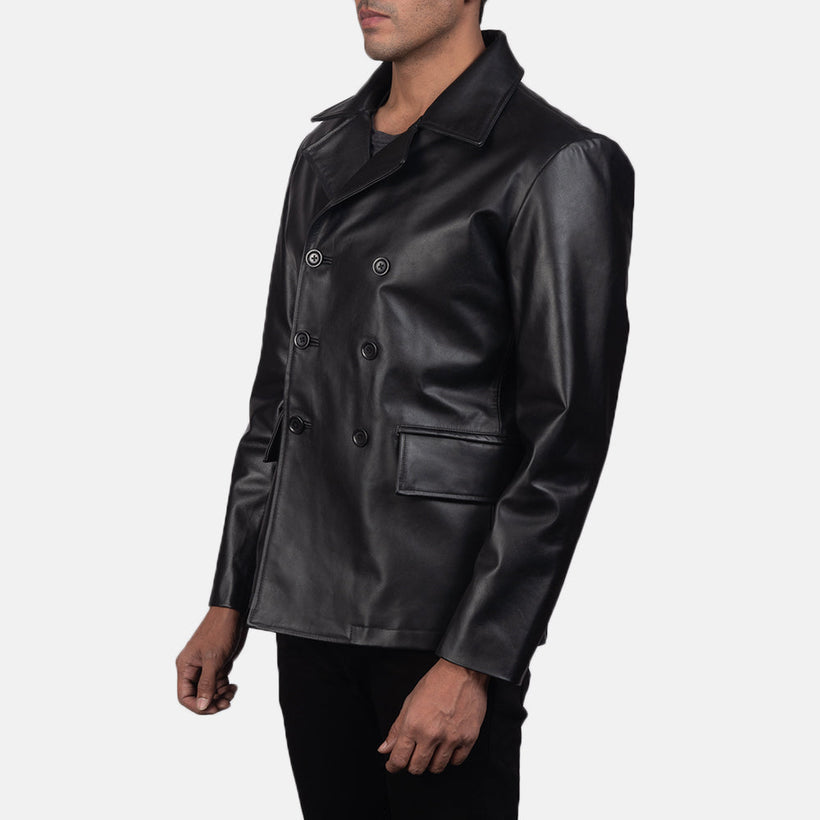 Mr. Bailey Negro Leather Naval Peacoat para Hombre
