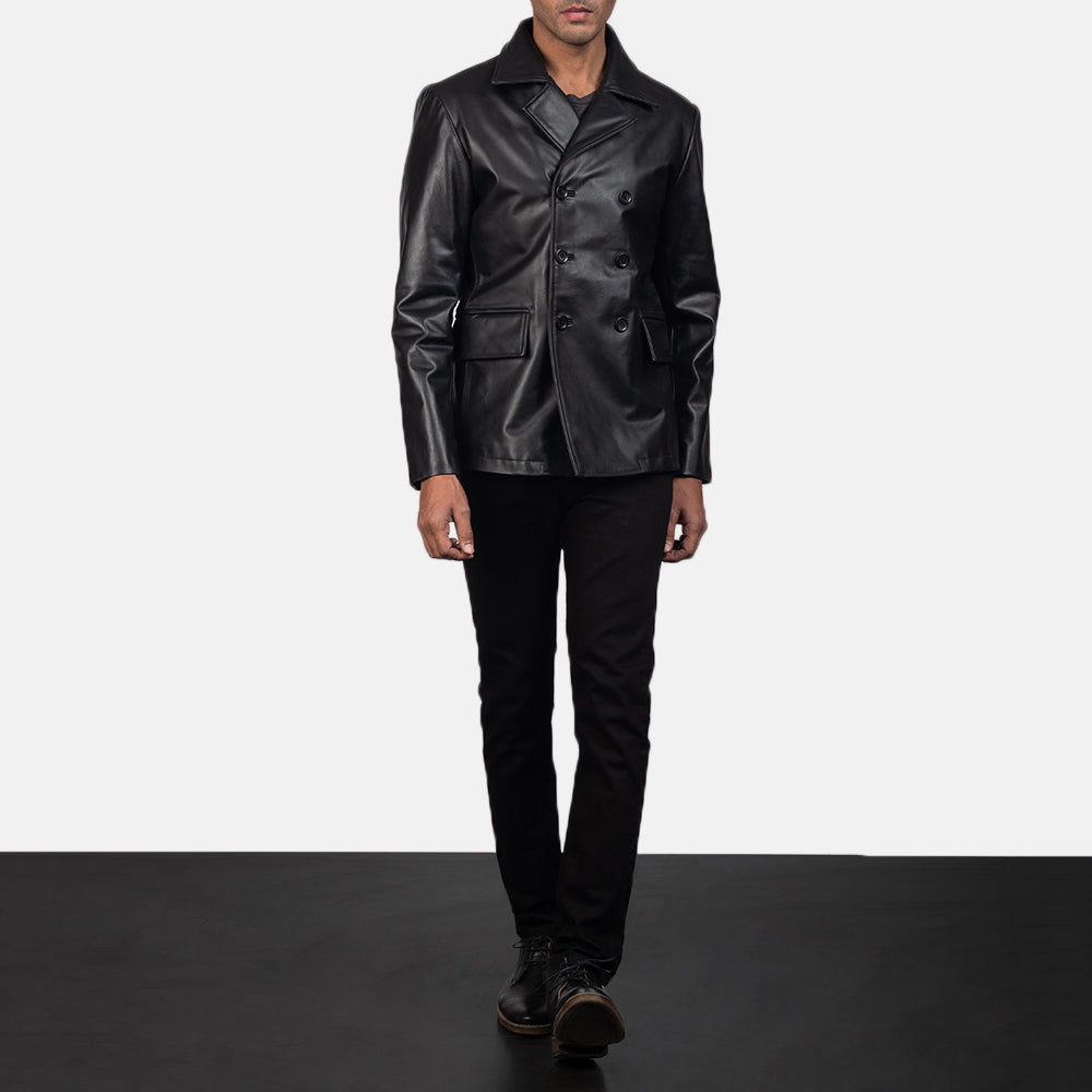 
Mr. Bailey Negro Leather Naval Peacoat para Hombre - Vista lateral mostrando el corte ergonómico de mangas