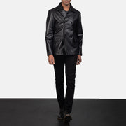
Mr. Bailey Negro Leather Naval Peacoat para Hombre - Vista lateral mostrando el corte ergonómico de mangas