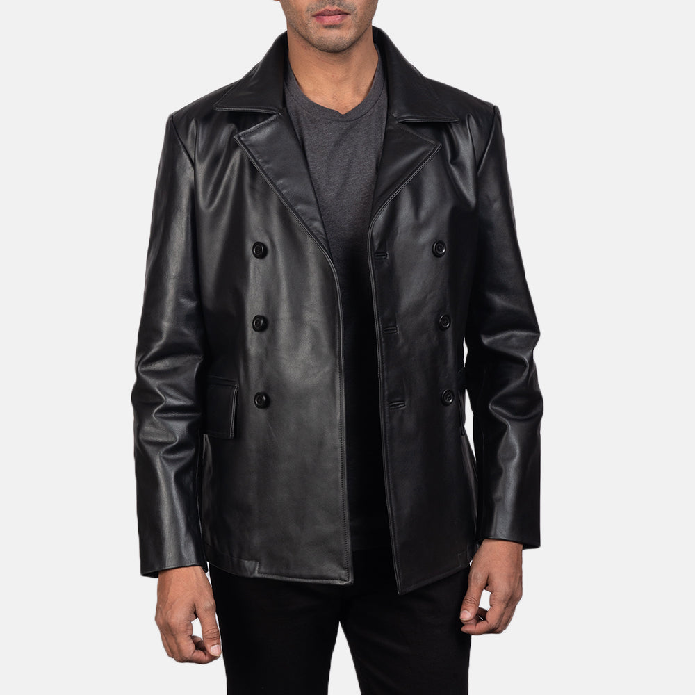 
Vista de detalle of Notch & Buttons Hardware on Mr. Bailey Negro Leather Naval Peacoat para Hombre