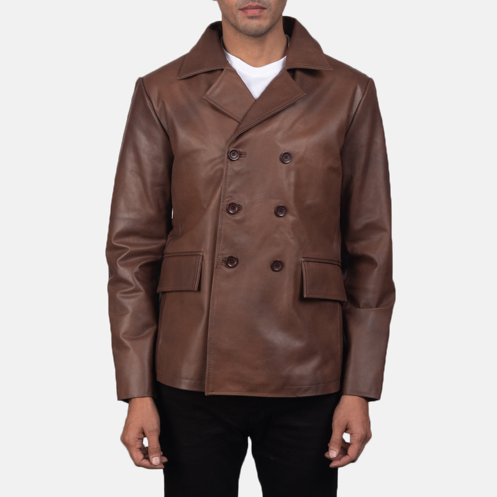 Mr. Bailey Marrón Leather Naval Peacoat para Hombre in Brown Cowhide Leather - Vista frontal y silueta a medida | Comprar online