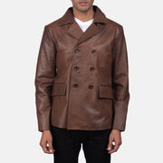 Mr. Bailey Marrón Leather Naval Peacoat para Hombre in Brown Cowhide Leather - Vista frontal y silueta a medida | Comprar online