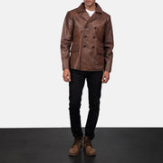 Mr. Bailey Marrón Leather Naval Peacoat para Hombre - Vista de perfil lateral con corte ergonómico de manga