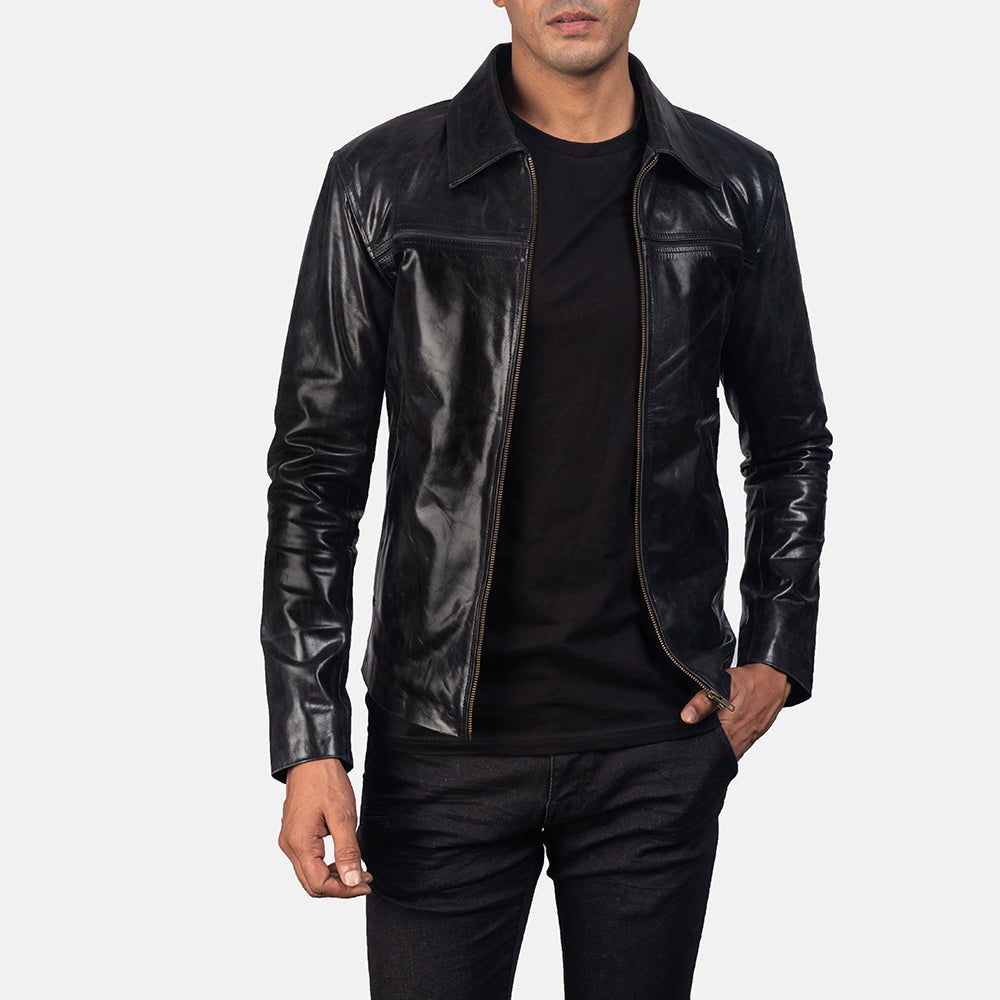 Men's Mystical Black Leather Jacket in Black Cowhide Leather - Vista frontal y silueta a medida | Comprar online