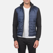 Men's Nashville Quilted Blue Windbreaker Jacket in Blue & Black Nylon (Torso) &Amp; Knitted Fabric (Sleeves) - Front Profile View & Tailored Silhouette | Buy Online