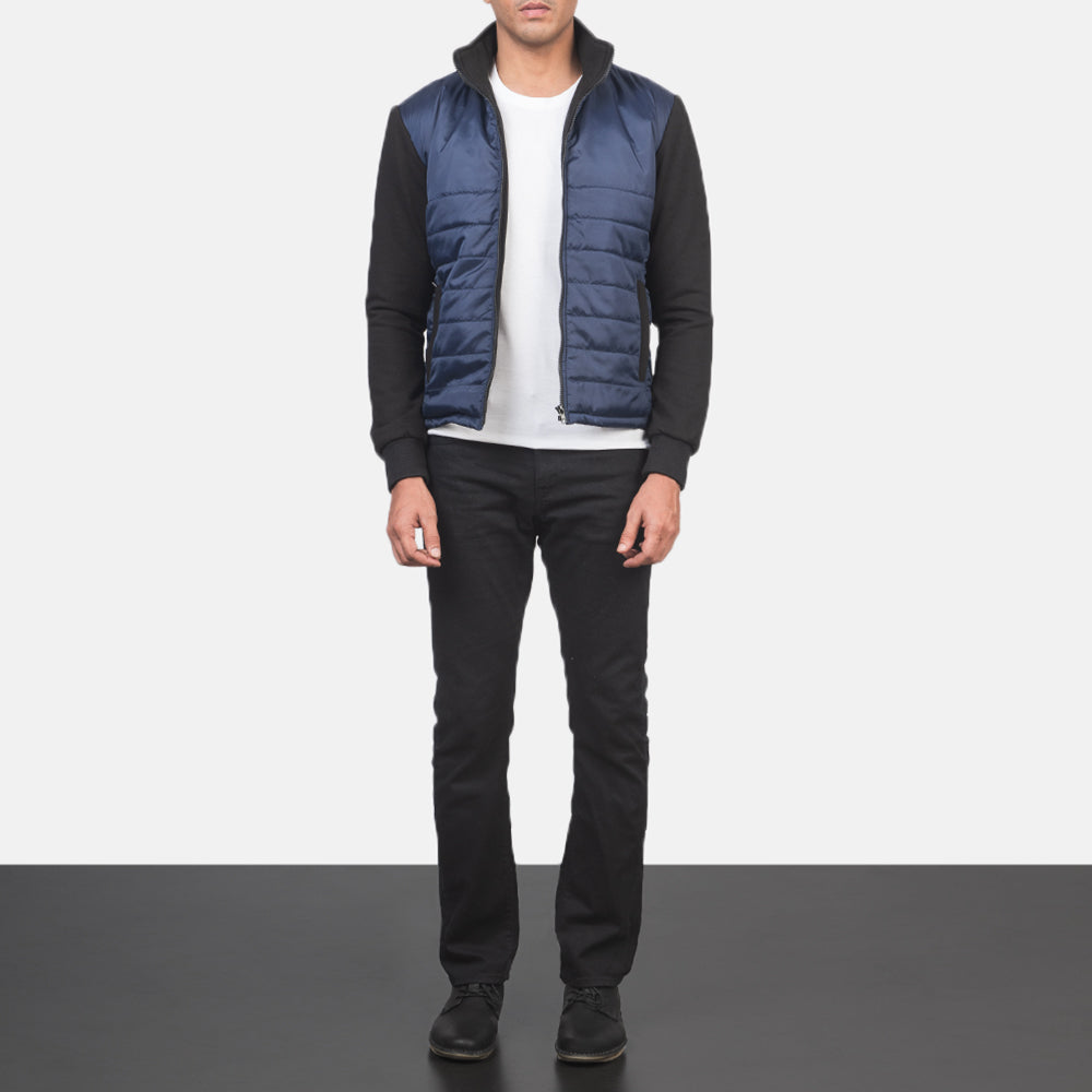 Men's Nashville Quilted Blue Windbreaker Jacket - Lateral Side Profile View Showing Sleeve Cut & Athletic Taper Fit