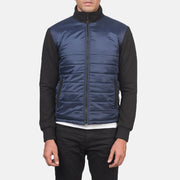 Close-Up Detail of High Neck & Zipper with wind flap Hardware on Men's Nashville Quilted Blue Windbreaker Jacket