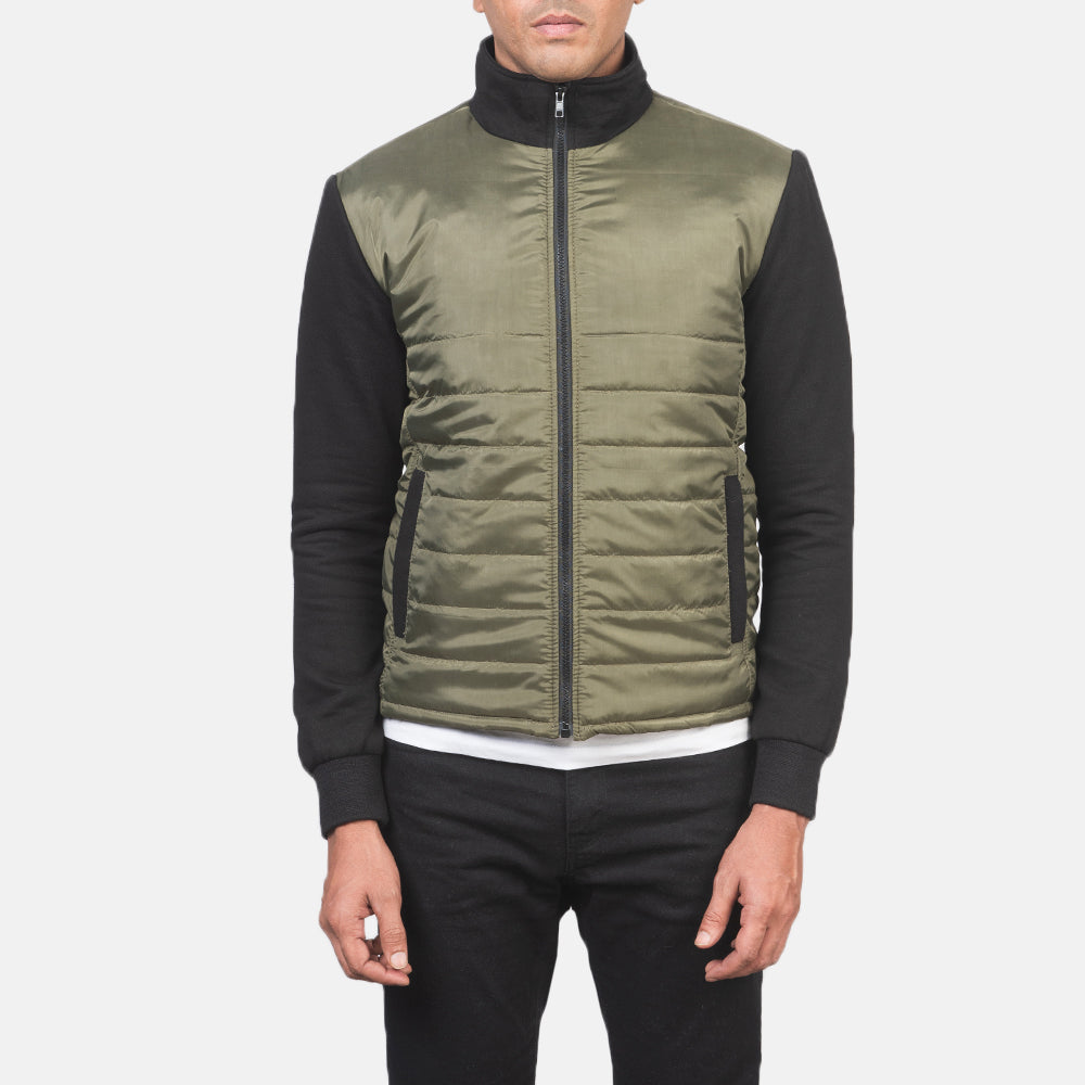 
Vista de detalle of High Neck & Zipper with wind flap Hardware on Nashville Acolchado Verde Windbreaker Chaqueta de Cuero para Hombre