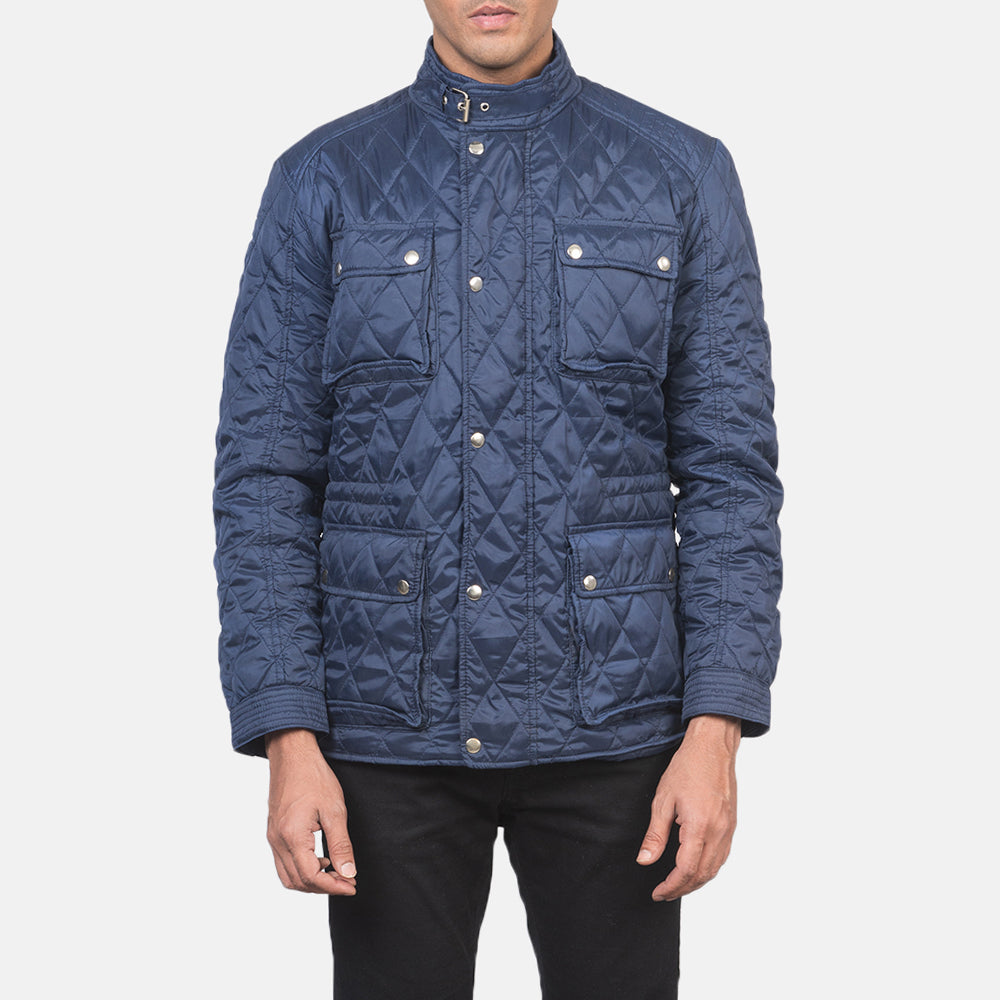 Men's Nelson Acolchado Azul Windbreaker Chaqueta de Cuero para Hombre - Vista de perfil lateral con corte ergonómico de manga