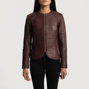 Women's Nexi Quilted Maroon Leather Jacket in Maroon Sheepskin Leather - Vista frontal y silueta a medida | Comprar online