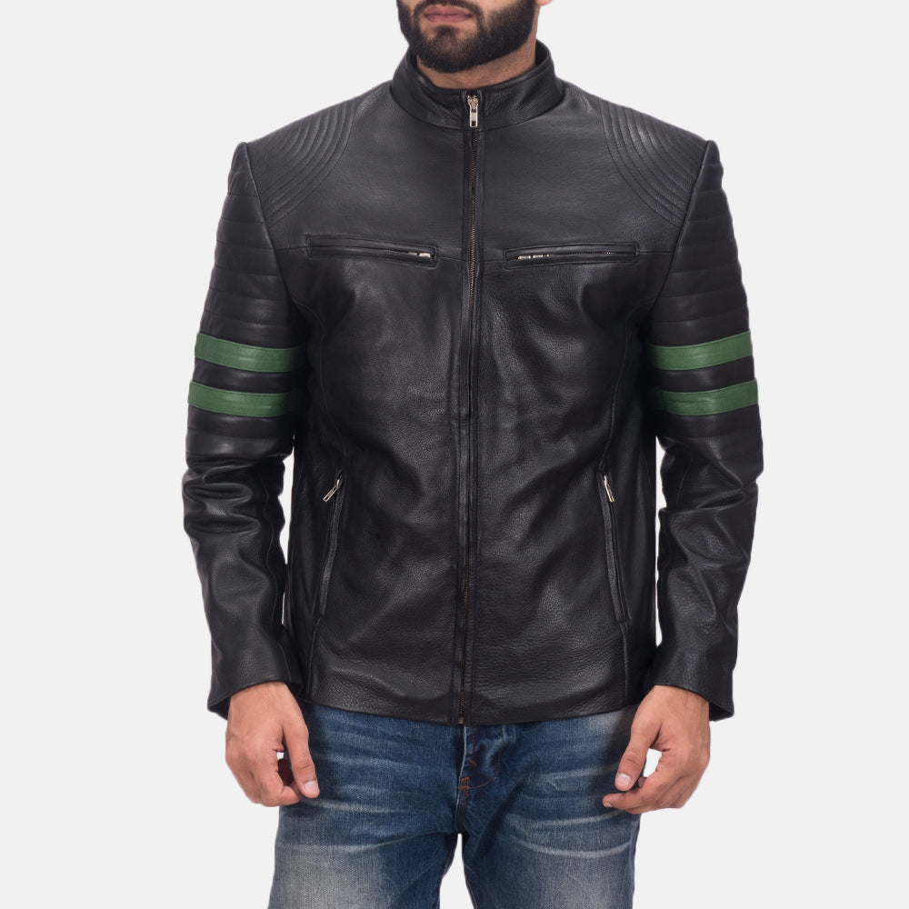 Night Trooper Chaqueta de Cuero para Hombre in Black Cowhide Leather - Vista frontal y silueta a medida | Comprar online