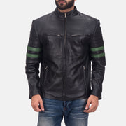 Night Trooper Chaqueta de Cuero para Hombre in Black Cowhide Leather - Vista frontal y silueta a medida | Comprar online