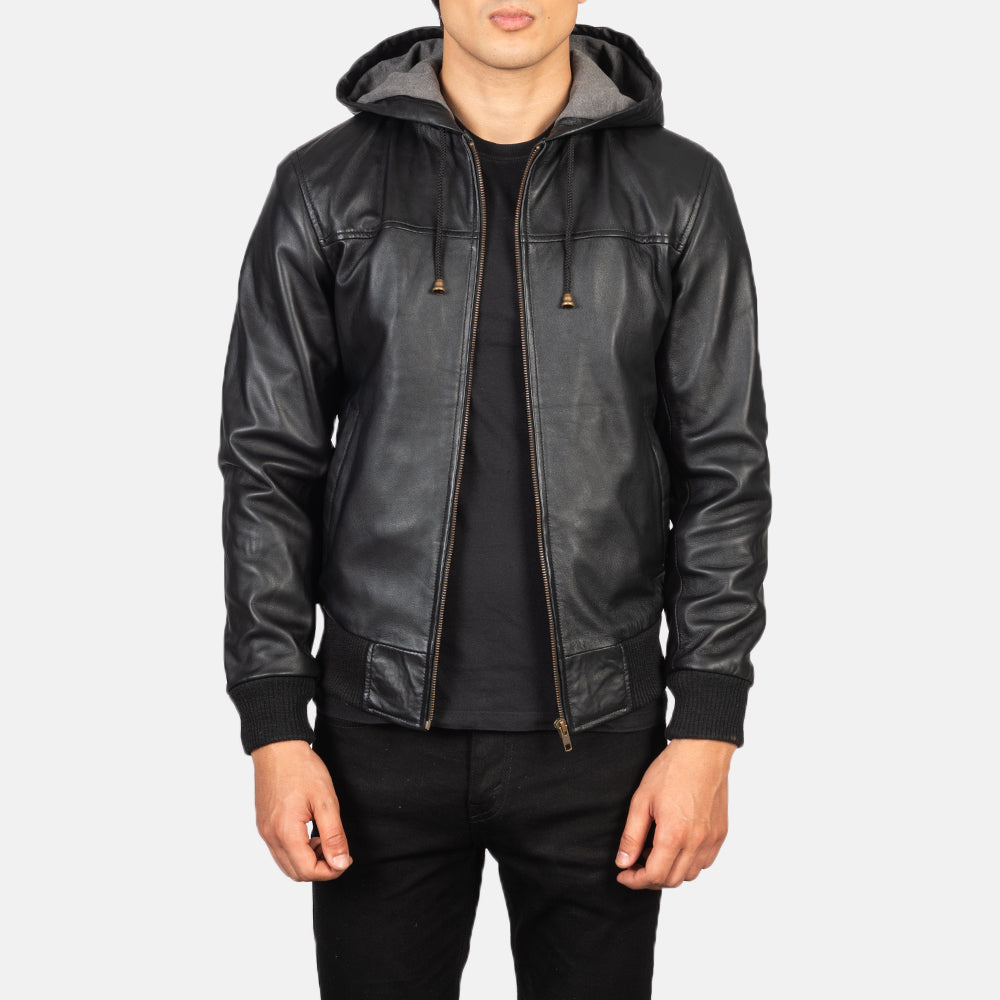Men's Nintenzo Black Hooded Leather Jacket in Black Sheepskin Leather - Vista frontal y silueta a medida | Comprar online
