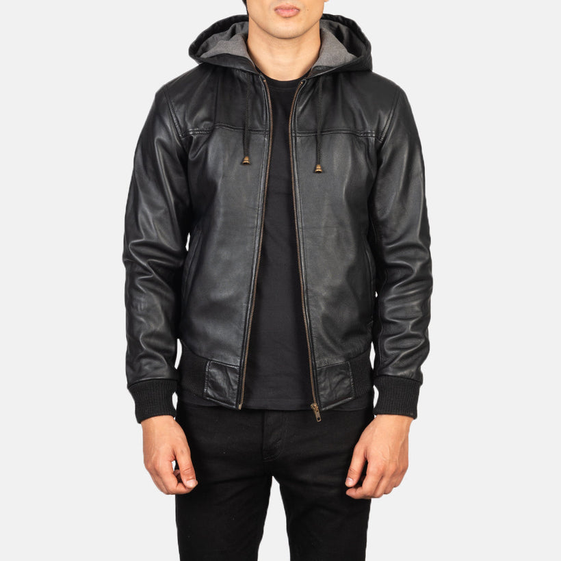 Men's Nintenzo Black Hooded Leather Jacket in Black Sheepskin Leather - Front Profile View & Tailored Silhouette | Buy Online