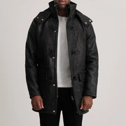 Nolan Black Snuffed Leather Duffle Coat in Distressed Black Sheepskin Snuffed - Vista frontal y silueta a medida | Comprar online