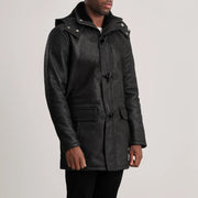 Distressed Black Sheepskin Snuffed Hooded Jacket - Vista trasera con ajuste entallado en hombros y bajo impecable