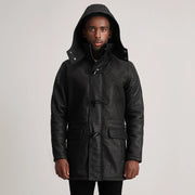 Detalle de cerca of Band collar &amp; Zipper with Toggle button Hardware on Nolan Black Snuffed Leather Duffle Coat
